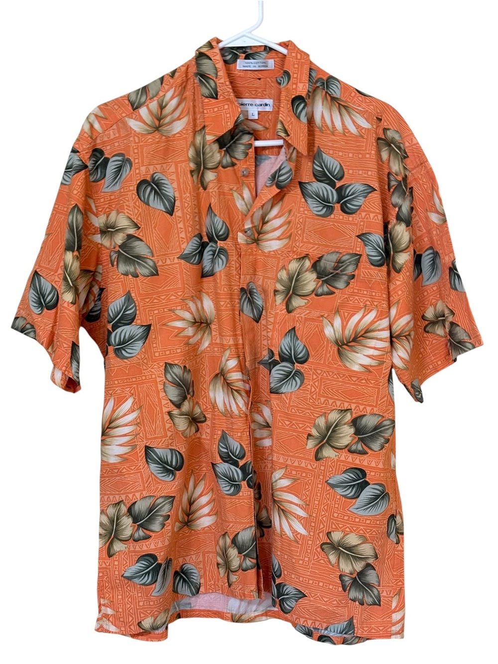 Pierre Cardin Men’s Hawaiian Shirt Mens L Orange Tropical Floral Cotton
